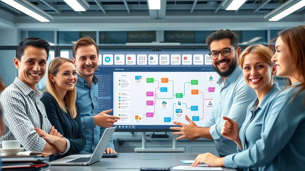 Professionals configuring marketing campaign automation flows on a high-tech office dashboard
