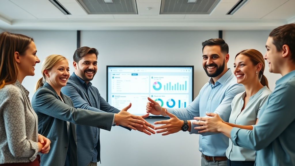 crm integration for marketing unifying sales and marketing teams, shared CRM dashboard in modern meeting room